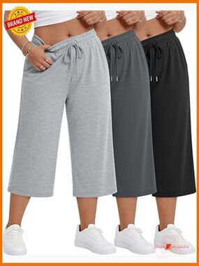 3 Pack Plus Size Capri Pants, Drawstring Crop Lounge Sweatpants with Pockets